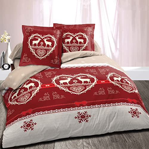 Alpes Blanc - Copripiumino con federe, motivo: chalet invernale, colore rosso, parure da letto per due persone, in cotone, motivo: montagna, Cotone, rosso, beige, 220 x 240 cm