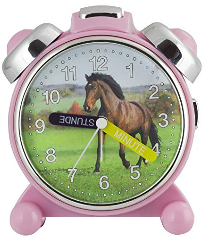 Eurotime Wecker für Mädchen mit Pferd, Rosa, Kinderwecker, geräuscharmer Wecker, kein Ticken, mit Licht, Weckwiederholung, Glocken,- oder Melodie-Alarm wählbar, 24012-22