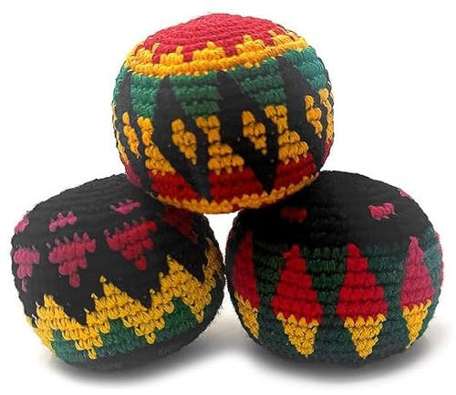 Mia Jewel Shop Rasta Footbag Sack for Kick Ball, Assorted Sets, Crochet Foot Bag for Adults, Juggling Balls for Beginners, Multicolored Geometric Pattern, Handmade Guatemalan Crafts (3 Pieces)