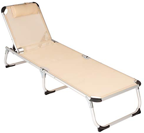 Divero Gartenliege Camping Liege 187x59x30 cm mit Kopfkissen Sonnenliege klappbar 5fach verstellbar Aluminiumrahmen Dreibeinliege wetterfest robust Puula (Beige)