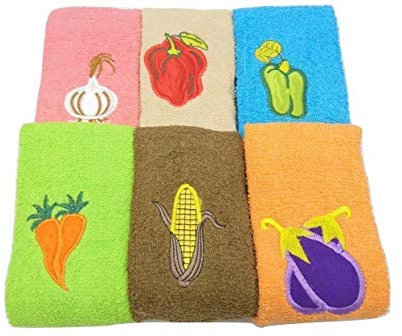 Pack-6 Paños de Cocina Rizo Bordado Algodón 100% Surtido 6 Paños de Cocina 100% Algodón, Toallas de Rizo 50 x 50 cm, Trapos Muy Abosorbentes, Suaves y Duraderos, Dibujos Bordados, 500 gr/m²