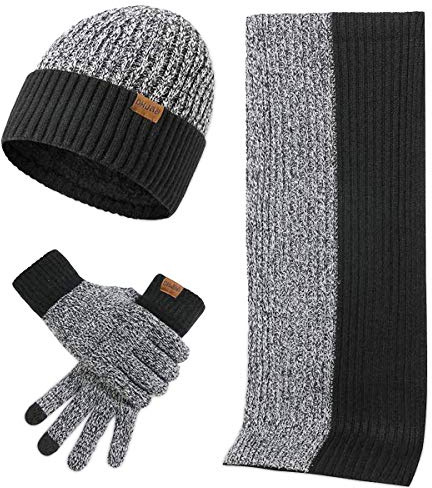 LumiSyne Invierno 3 En 1 Gorro Bufanda Guante Set Para Hombres Mujeres Jacquard Bicolor Simple De Moda Guantes De Pantalla Táctil Gorro De Punto Sombrero Beanie Bufanda Larga Lana Espesa y Suave