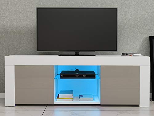Panana TV Stand with 2 Doors, Modern LED media television entertainment Unit Cabinet, 2-Tier Open Shelf and Ample Flat Surface for Living Room, Bedroom (White+Grey)