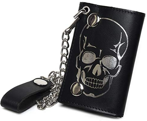 Leatherboss Genuine Leather Trifold Skull Biker Chain Wallet Credit Card Cash with ID Holder, Black