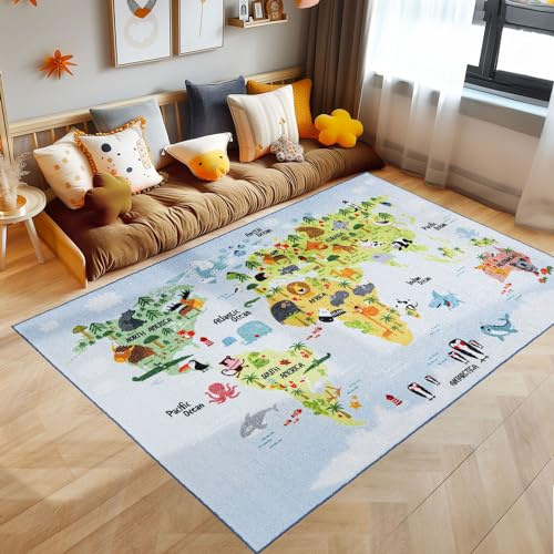 SIMPEX Kinderteppich Blau 160x230 cm Weltkarte mit Tieren Design Modern rutschfest Waschbar Pflegeleicht Extra Weich Antiallergen Babyteppich Kinderzimmer Jungen Mädchen