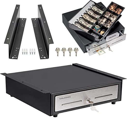 Volcora Cash Register Drawer with Under Counter Mounting Bracket- 16 Black/Stainless Steel Front Drawer for POS, Fully Removable 2 Tier Cash Tray 5 Bill 8 Coin Compartment 12-24V RJ11/RJ12 Key-Lock