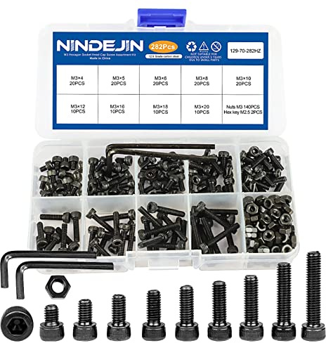 NINDEJIN Metric M3 Hex Socket Head Cap Screws, Allen Socket Drive M3 x 4mm/ 5mm / 6mm/ 8mm/ 10mm/ 12mm/ 16mm/ 18mm/ 20mm Carbon Steel Screw Bolt and Nut Assortment Kit with Wrench Key (Machine Screws) | 12.9 Carbon Steel DIN912, Hex Socket Screw Bolts and Nuts with Hex Keys, black zinc, for 3D Printer Components, DIY Projects
