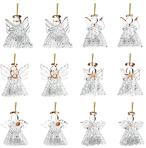 BELLE VOUS Ange Decoration Noel en Verre Filé avec LED - Lot de 12 Ange de Noel pour Sapin Lumineux en Verre Transparent - Décoration Sapin Ange et Fêtes de Fin d’Année
