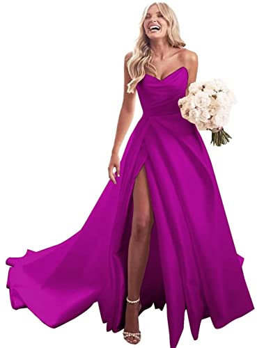 HPPEE Vestidos de fiesta sin tirantes, cuello en V, longitud hasta el suelo, vestidos de noche formales para mujer con abertura, fucsia, 34