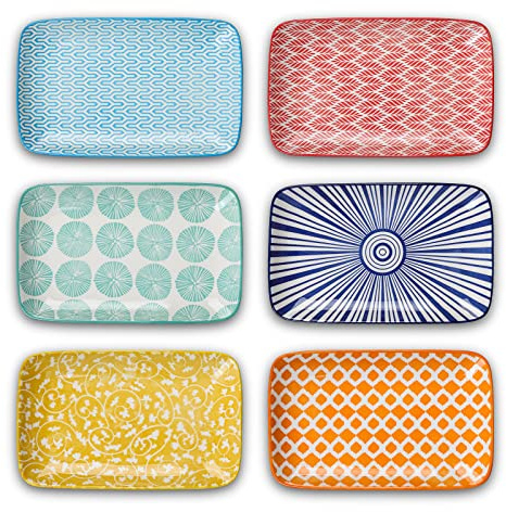 Selamica Ceramic 9.5 Inch Large Rectangular Salad Plates, Dinner Plates, Pasta Dessert Plates Serving Platters and Trays for Appetizer, Sushi, Fruit, Set of 6, Assorted Colors