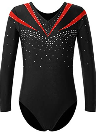 TiaoBug gymnastikdräkt för flickor, långärmad balettdräkt, balettdräkt, strass, gymnastikdräkt, leotard, overall, konståkning, klänning storlek 98–176 röd B 146–152