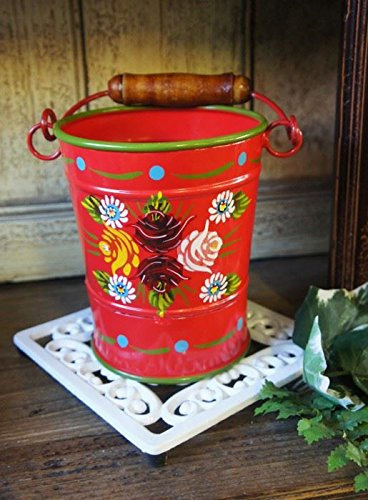 Black Country Metal Works Medium Hand Painted Narrow Boat Style Bucket/Planter - Canal Art Design - Red Finish