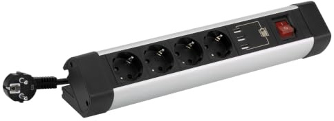 SIMON Regleta Plana 4 T Schuko + 3 USB Aluminio Fijación Mesa Cable 1.5m | Protección sobretensiones con indicador LED e interruptor luminoso integrado. Construcción robusta en plástico y aluminio.