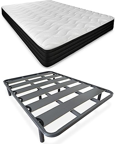 DUÉRMETE ONLINE Letto completo con materasso Pocket Visco reversibile (lato inverno/estate) + rete rinforzata 40 x 30 mm con gambe metalliche filettate, acciaio legato, grigio, 150 x 190