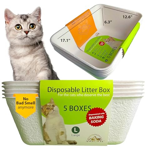 ANGELYCIA Disposable Litter Boxes for Cats | Baking Soda Effect and Maximum Odor Control | 17.1”L, 12.6”W, 6.6”H | Recycled White Paper | Durable and Water Resistant | Large Size (Large- 5 Pieces)