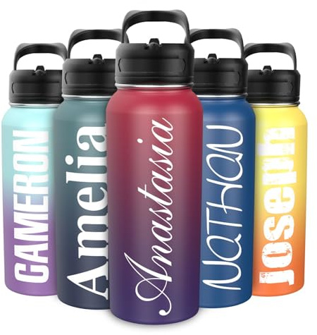 Pandaria 32oz Personalized Water Bottle with 2 Lids and 2 Straws with One Cleaning Brush - Insulated Stainless Steel Sports Water Bottle Customized with Your Photo, Monogram, Name, Text, or Logo