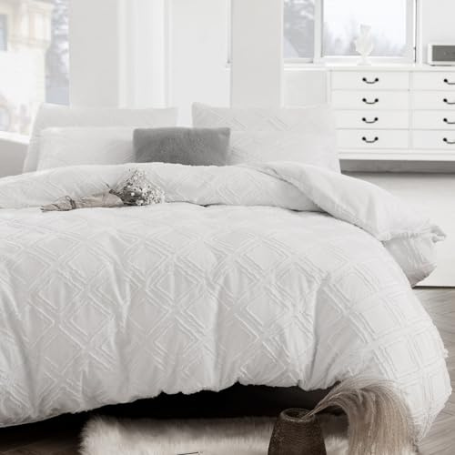 YASMENG Boho Bettwäsche 155x220 3 Teilig Weiß Getuftet Gestreift Kariert Muster Boho Bettwäsche Weiche Mikrofaser Bettwäsche Modern Aesthetic Deckebezug mit Reißverschluss und 2 Kissenbezüge 80x80 cm
