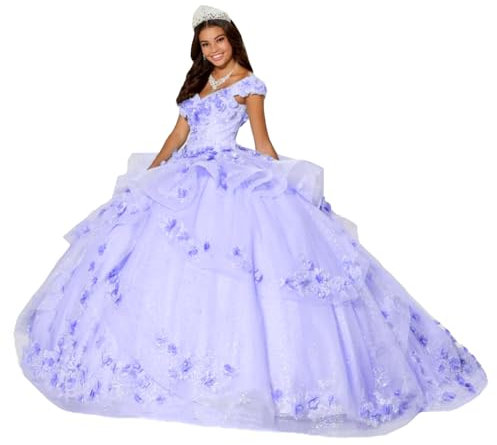 TSxuelian Vestidos de quinceañera con encaje floral 3D para mujer, hombros descubiertos, vestidos de baile de boda, Lila, 42