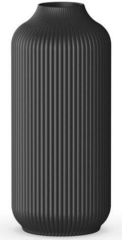 VZMIZA Ribbed Black Ceramic Decorative Flower Vase - Large Boho Table Dining Vase for Home Living Room