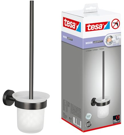tesa Moon Set de Baño - Escobilla y Soporte Autoadhesivo de Metal Revestido de PVD, Cepillados en Grafito - Base de Vidrio Satinado - sin Taladrar, Incl. Solución Adhesiva - 379 mm x 112 mm x 145 mm