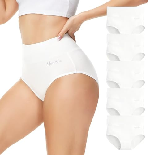 Momoshe Unterhosen Damen Baumwolle Unterwäsche Frauen High Waist Bauch Weg Unterhose Slip Atmungsaktiv Tanga Hohe Taille Weich Panties Weiß 5er Pack XL