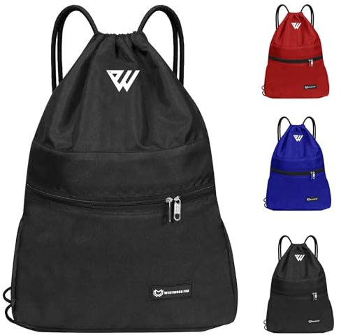 WESTWOOD FOX WFX Drawstring Bag String Waterproof Sport Gym Sack Backpack for Women Men PE Bag Outside Pocket Zipper School Beach Holidays Swimming Travel (Jet Black)