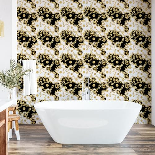 ABAKUHAUS Victoriano Pelar y pegar papel tapiz para el hogar, Floral de Espiral Barroco, Acento autoadhesivo para salón y cocina, 33 cm x 180 cm, Mostaza Negro Blanco