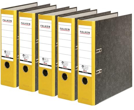 FALKEN 5x Recycling-Ordner 8 cm breit DIN A4 gelber Rücken | Made in Germany Papierbezug im Wolkenmarmor-Design Blauer Engel