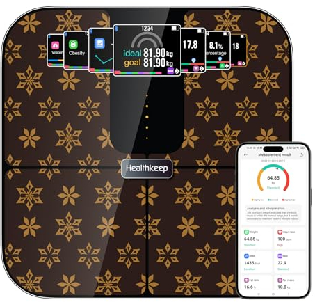 Healthkeep Bilancia connessa Bluetooth con display TFT a colori e tecnologia ITO, 25 dati del corpo con frequenza cardiaca APP per Andriod e iOS 180kg/400lb/28st, Marrone