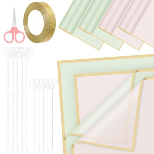 Glarks Set di 52 fogli di carta da regalo con fiori, tra cui 40 fogli di carta da regalo impermeabile rosa e blu, 10 porta biglietti floreali, 1 rotolo di nastro e 1 forbici rosa per negozio di fiori