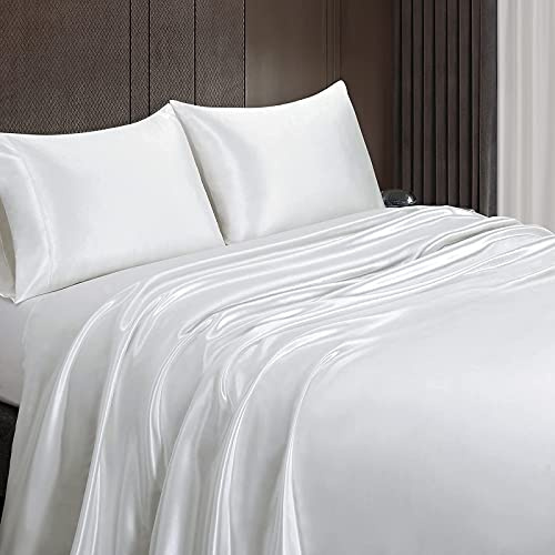 SKS Linen 100% Mulberry Silk Duvet Cover Set - 3-Piece Set - 19 Momme Grade 6A Mulberry Silk - Features Zipper Closure and Corner Ties, Twin/Twin XL 68x90 (3 Piece)- White Solid