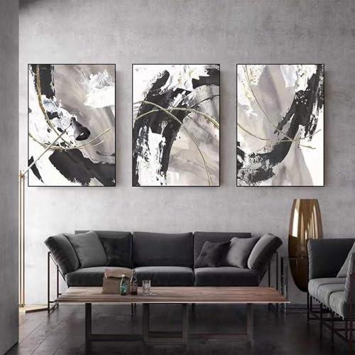 HEHGVCF Schwarz Weiß Bilder Wohnzimmer 3er Set Abstrakt Line Geometrie Wandbilder Poster Schlafzimmer Kunstposter Leinwandbilder Ohne Rahmen (A,60 x90cm)