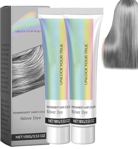 2 in 1 Natural Essence Extract Silver Hair Dye, Silver Metallic Hair Dye, Silver Gray Natural Hair Dye Cream, Fashion Silver Gray Hair Dye Permanent, for Daily & Cosplayer & Party (2Pcs, One Size)
