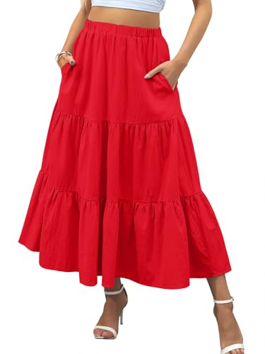 Zeagoo Women's Skirts Midi Skirt High Waist Skirts with Pocket Red L