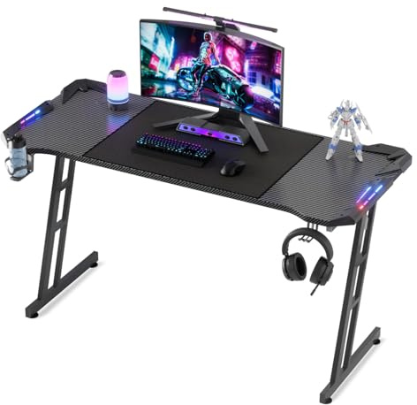 Kuro-sagol Computertisch Tisch mit Kohlefaseroberfläche und LED， Gaming Schreibtisch Esport, stabiles Z-Gestell, Kopfhörerhaken zum Spielen, Lernen, Schwarz, 140x60 cm