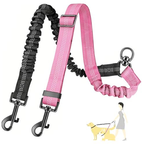 Double Dog Walker, Two Dog Lead, 2 in 1 Upgraded Double Dogs Leashes, Adjustable Heavy Duty Leash for Pets, Shock Absorbing Bungee No Tangle Leash Coupler Walking Training Lead for 2 Dogs (PINK)