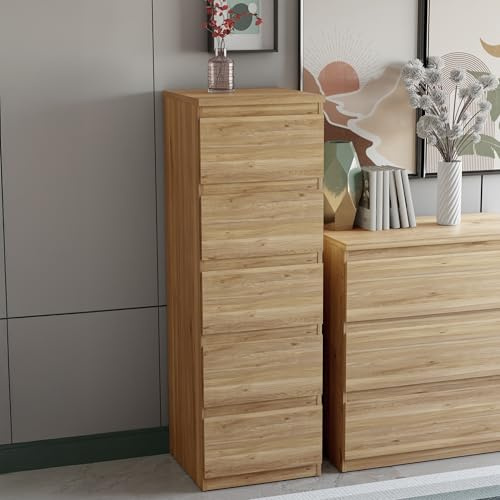 FORTE EDMORE Hohe Kommode 40 45 mit 5 Schubladen, Mauvella Eiche Dekor, 41,8 cm breit x 128 cm hoch x 42,2 cm tief