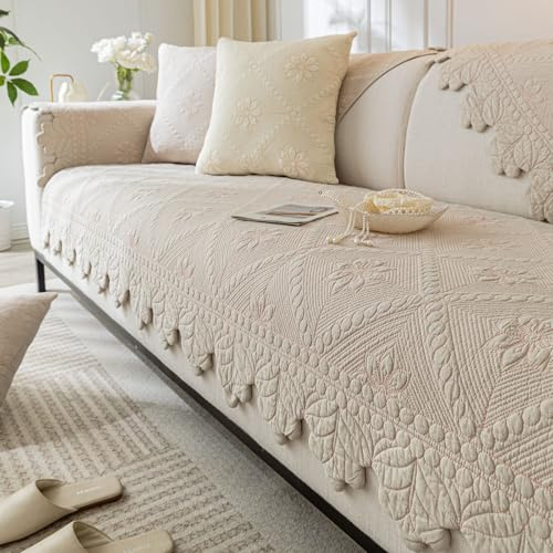 XSlive Cotton Quilted Dog Couch Cover for Sofa Farmhouse Rustic Embroidery Sectional Couch Cover Soft Anti-Slip Sofa Slipcover Furniture Protector for Kids, Pets (Khaki,28x70)