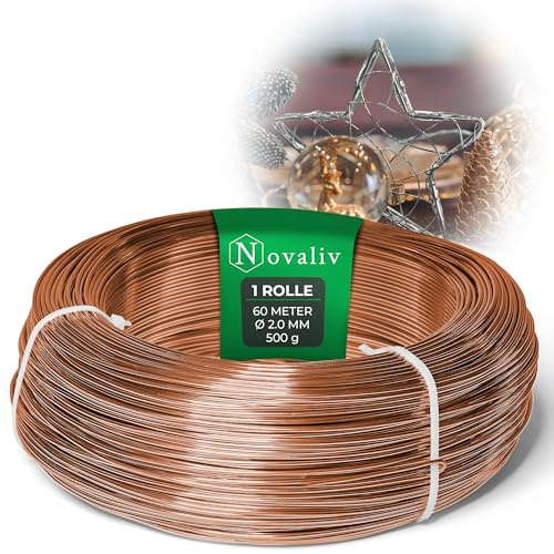 Novaliv 60 Meter Aluminiumdraht 2mm Kupfer, Basteldraht ideal als Biegedraht zum basteln, Vielseitig für DIY-Projekte und Dekorationen, 60m Rolle Dekodraht, Blumendraht, kein Schmuckdraht