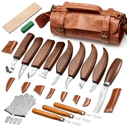 AIZMOZIA Wood Carving Kit, 17Pcs Wood Carving Tools, Professional Whittling Knife Set, Wooden Hand Knives with Sheath & Deluxe Leather Roll Bag for Beginners Adults & Starter Woodworking