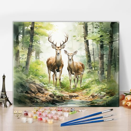 DIY Farbe nach Zahlen für Erwachsene Anfänger Wilder Hirsch Farbe nach Zahl für Erwachsene Leinwand Hirsch im Wald Ölgemälde Kit für Kunst Handwerk Kits Perfekt für Geschenk 40x50cm Ohne Rahmen