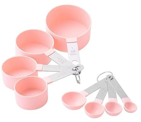 JUNEYEHX 8 herramientas de medición rosas, nailon, 4 tazas medidoras, 4 cucharas medidoras con asas de metal para líquidos y sólidos (rosa)