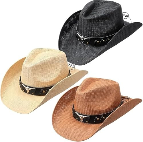 MALLOOM Lot de 3 Chapeaux de Cowboy Western en Paille à Large Bord – Chapeaux Réglables pour Hommes et Femmes, 3 Couleurs (FR/ES, Numérique, 58, 60, Kaki, Beige, Noir)