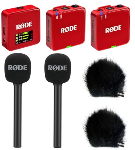 Rode Wireless GO Gen 3 Drahtloses 2-Kanal Mikrofon-Funksystem Rot mit 2X Interview GO Handadapter und 2X keepdrum Fell-Windschutz BK