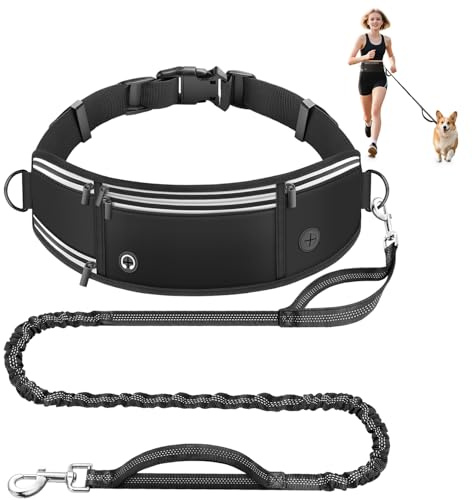 PETCOOZ Hands Free Dog Leash with Waist Belt & Zipper Pouch, Heavy Duty Waist Leash for Running, Walking, Jogging and Hiking, Professional Tangle Free Reflective Control Lead for Large Medium Dogs