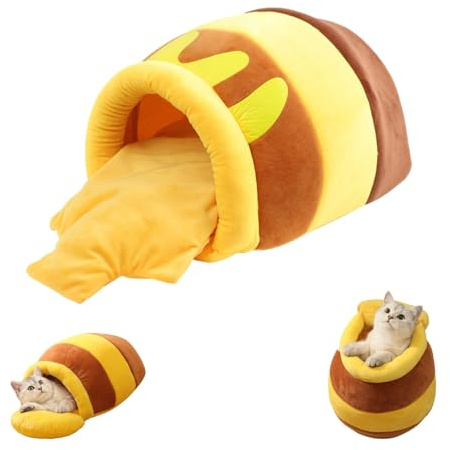 Honey Pot Cat Cave Bed, Cozy Enclosed Pet Nest with Removable Washable Cushion, Soft Plush Sleeping House for Small Cats, Cute Cartoon Honey Jar Design