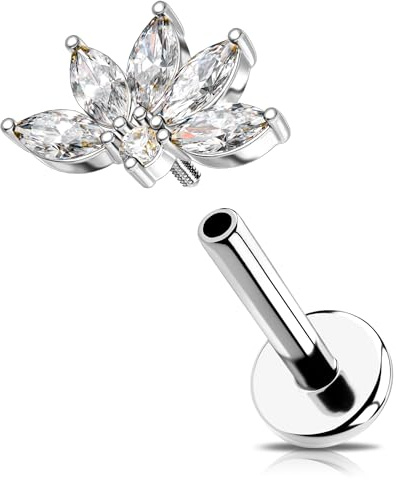 OUFER Helix Piercing Schmuck Lotus Conch Stecker 16G Labret Lippenpiercing Stecker Helix Knorpel Ohrringe Schmuck 316L Chirurgenstahl Silber Gold Innengewinde Tragus Piercings für Frauen 6 8 mm