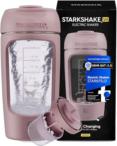 STARKSHAKE V4 F.A.Z.-Testsieger Elektrischer Protein Shaker & Mixer | 8000 UPM, 120+ Shakes pro Ladung, USB-C, inkl. STARKPOD Pillbox, für Eiweißshakes, Proteinpulver, Matcha und Kakao, Pink