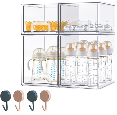 zebrater Baby Bottle Organizer-4 Pack Stackable Storage Drawers, Baby Organizers and Storage with Hooks, Clear Acrylic Multipurpose Bottle Storage for Countertop,Kitchen,Cabinet,Vanity,Bathroom