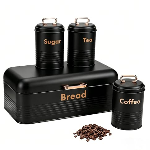 Yuecda Large Metal Bread Box + 3 Piece Tea Coffee Sugar Canister Set, Kitchen Countertop Organizer Set(Black and Rose Gold)
